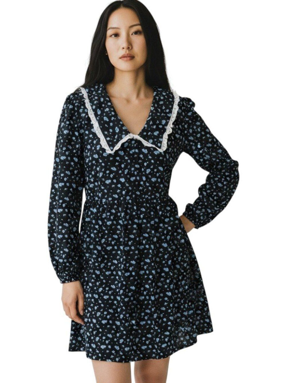 Miss Selfridge Womens Collared Smock Dress Blue Floral Print Long Puff Sleeve 14